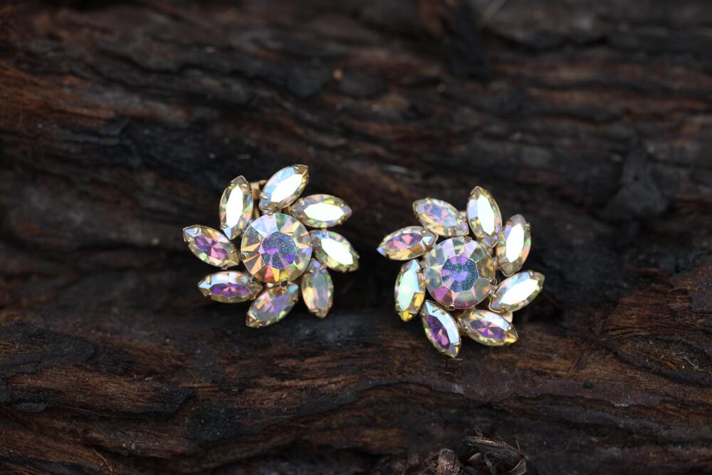 Vintage 1940s Rhinestone Navette Clip Earrings, Aurora Borealis Flower Cluster